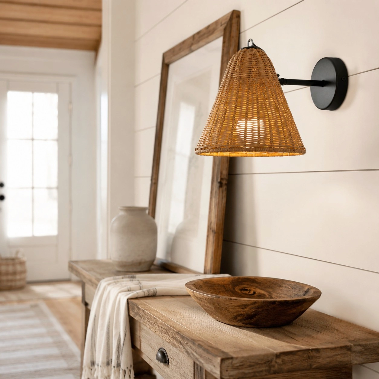 Illuminated rattan wall sconce above furniture in a bedroom or entry scene
