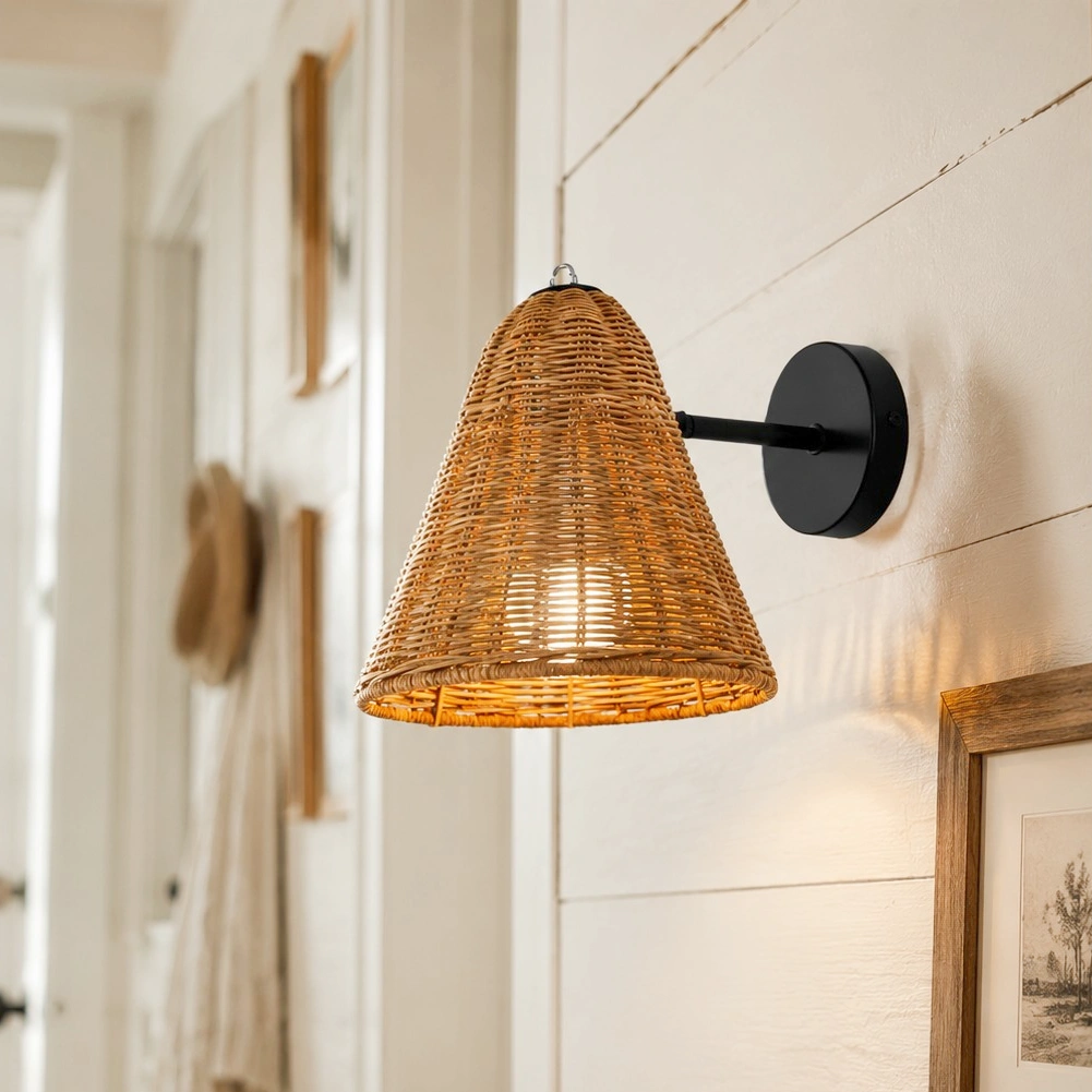 Rattan wall sconce installed in a bright interior room