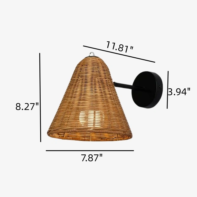 Dimension diagram for Kazpon rattan conical wall sconce