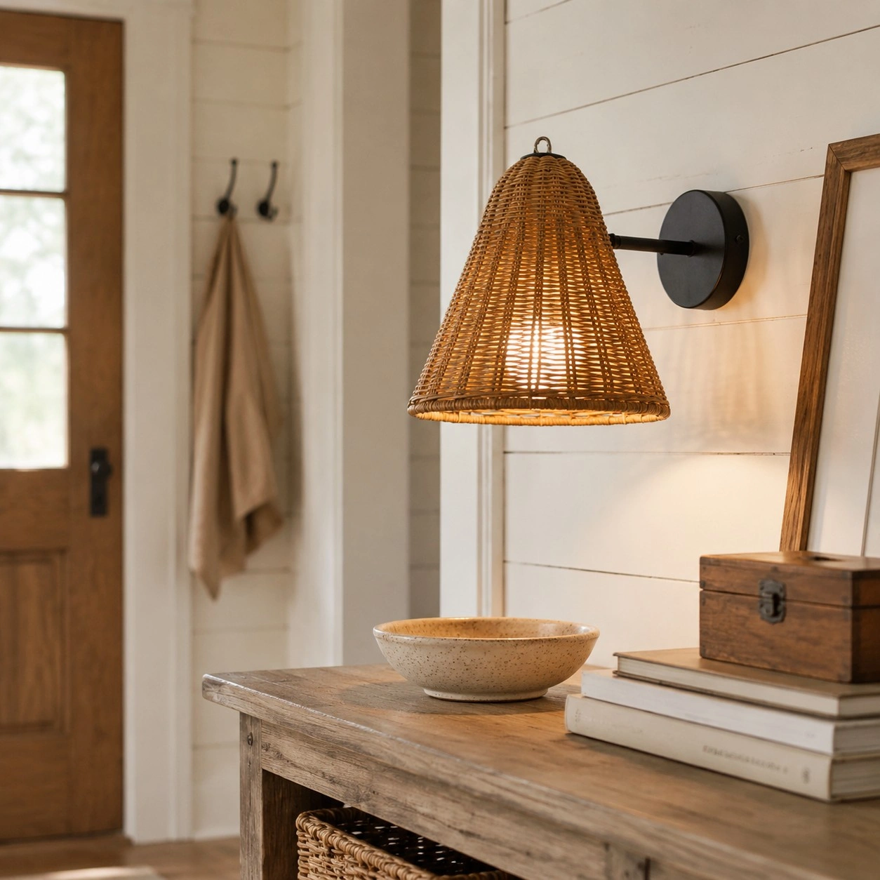 Installed rattan wall sconce in a styled room with table decor