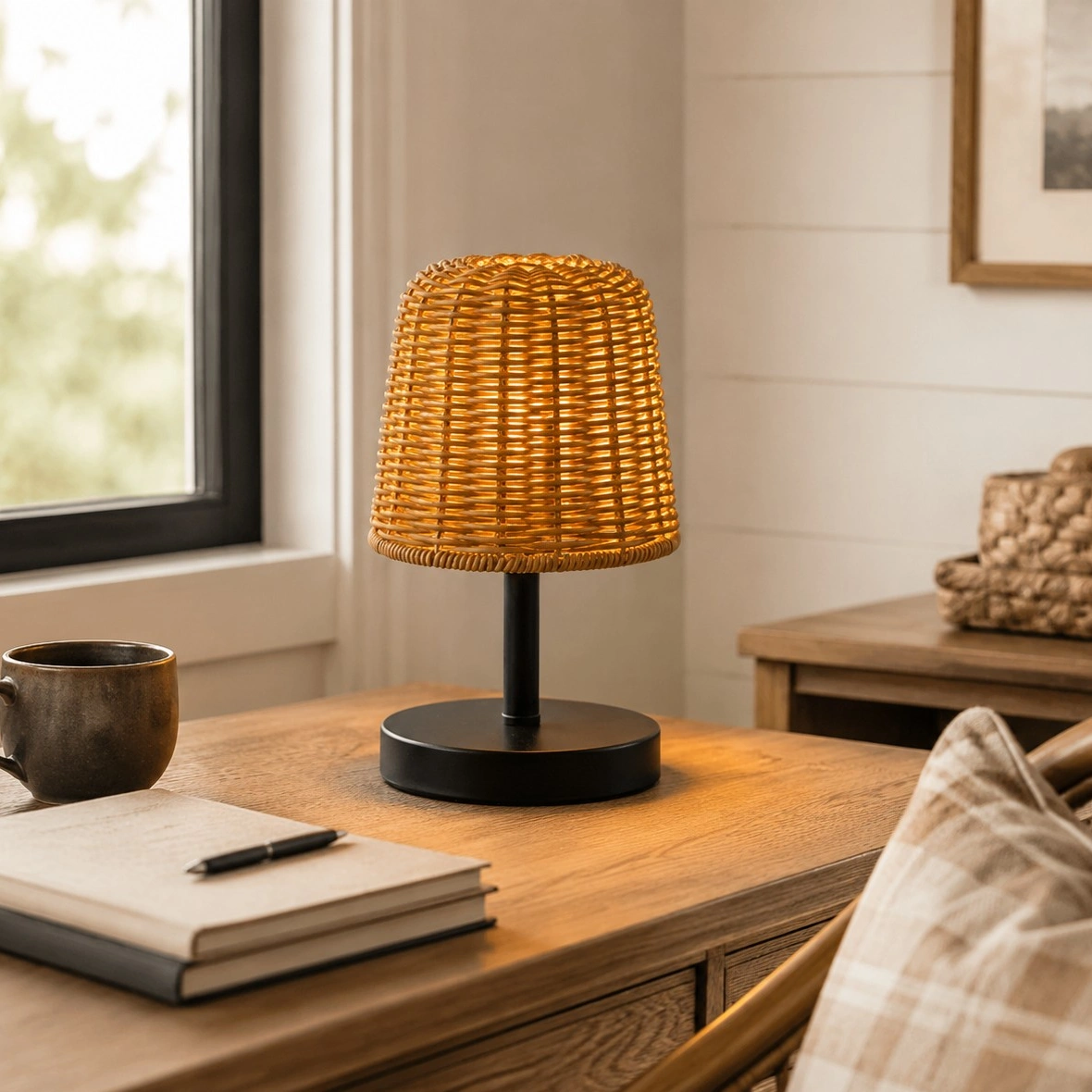 Raegan rattan lamp in a warm bedside-style interior