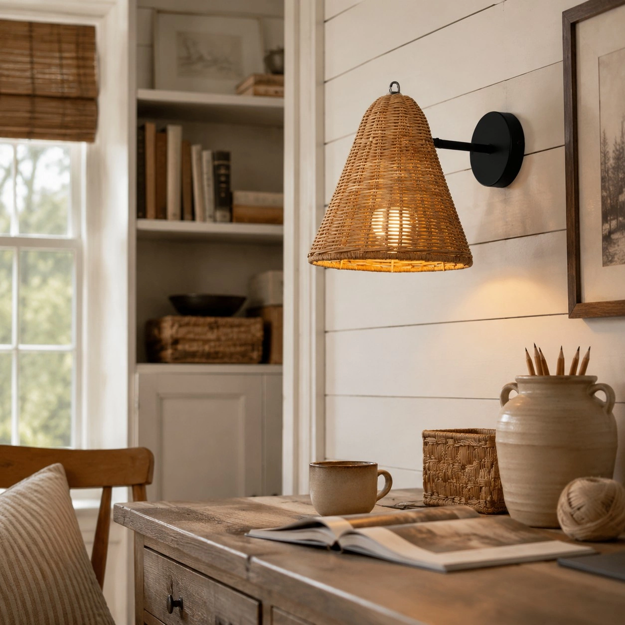 Lifestyle room setting with rattan sconce mounted above a desk or console
