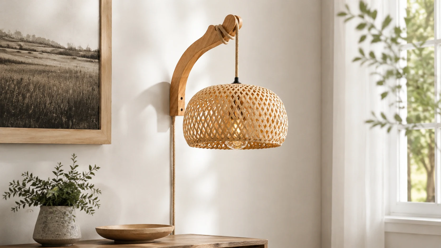 Jimmy Modern Wood Rattan Dome Swing Arm Wall Sconce in a warm horizontal room scene