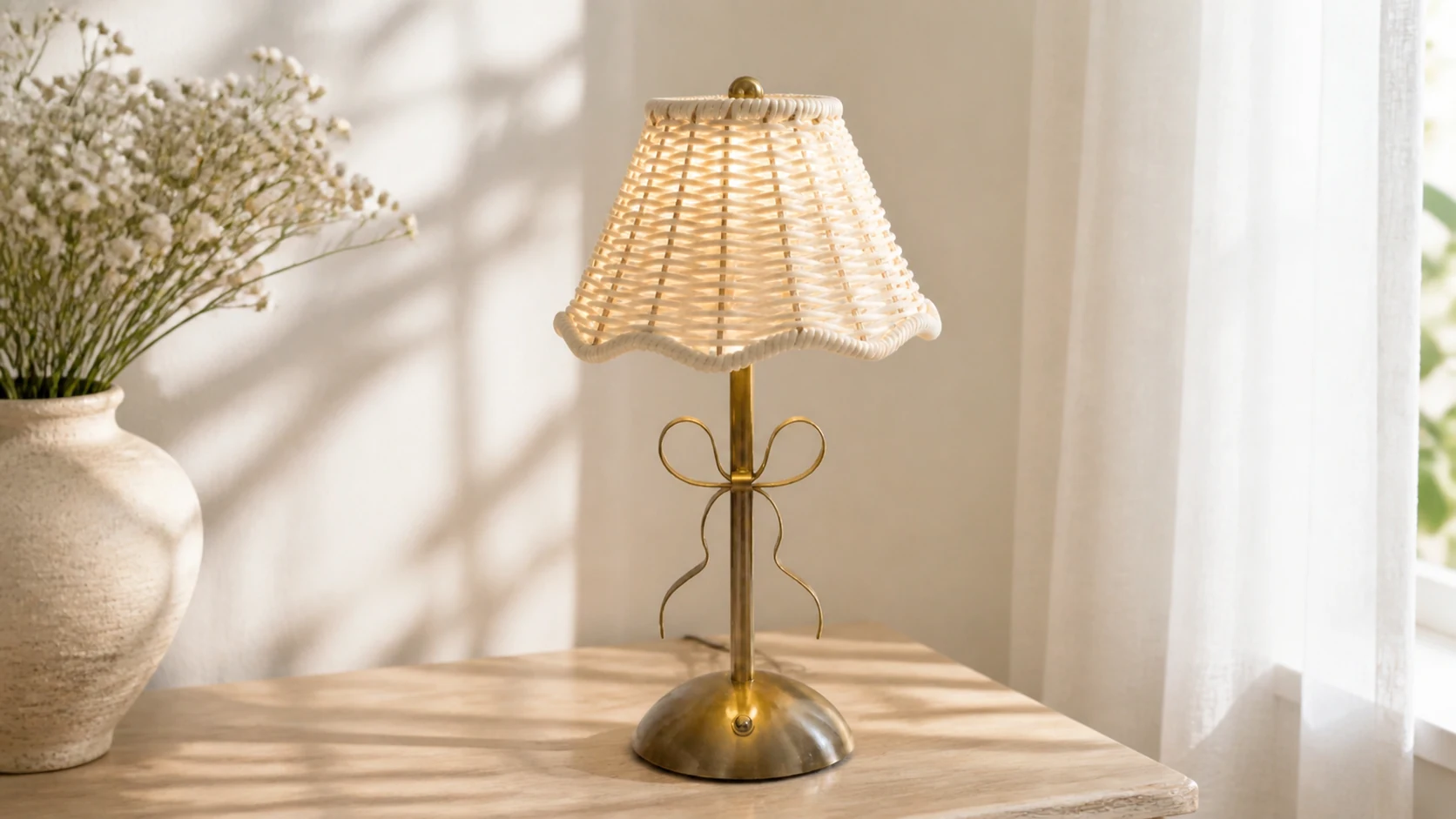 Keogh Modern Rattan Scalloped Conical Table Light in a warm room setting