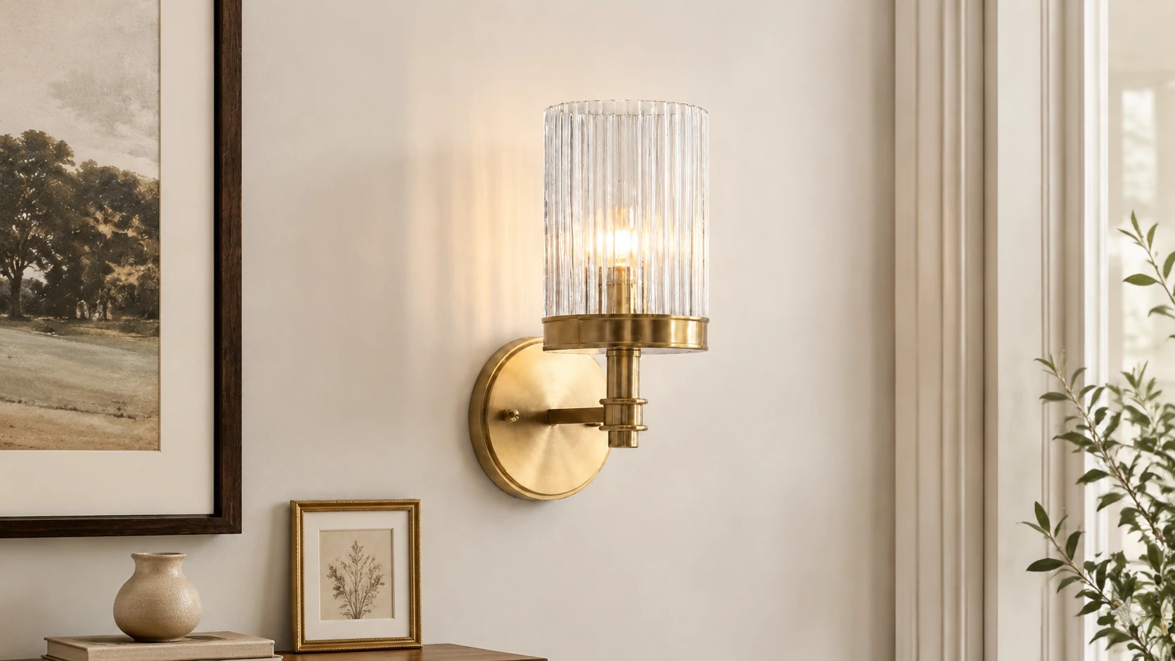 Hebb Vintage Ribbed Cylinder Glass Wall Sconce installed in a warm interior scene