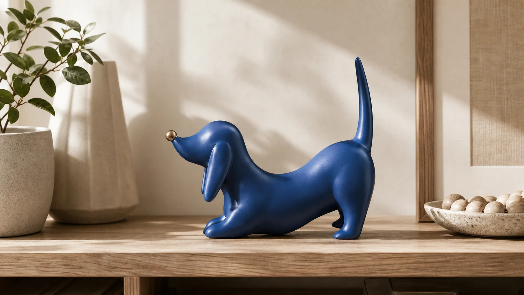 Miguel blue resin abstract dachshund tabletop sculpture in a horizontal styled hero scene