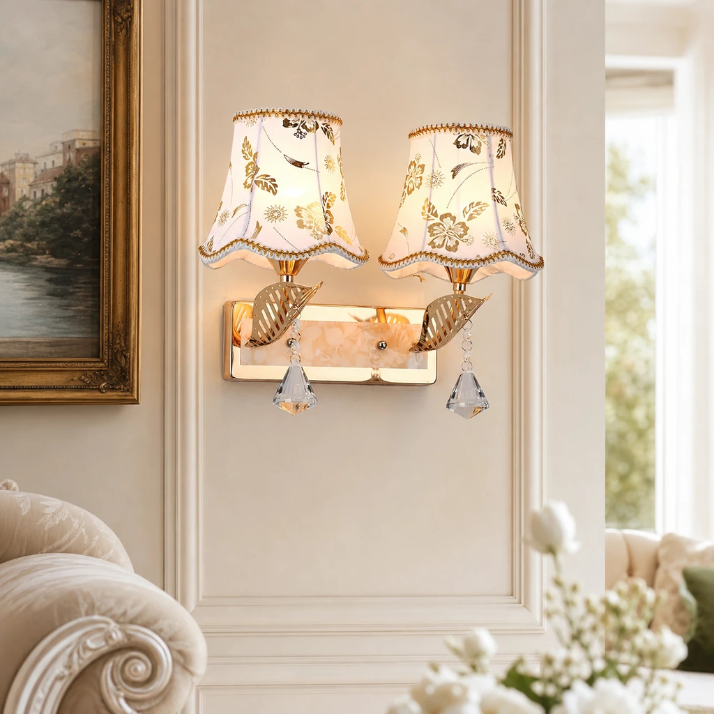 Traditional European double wall sconce in living room scene