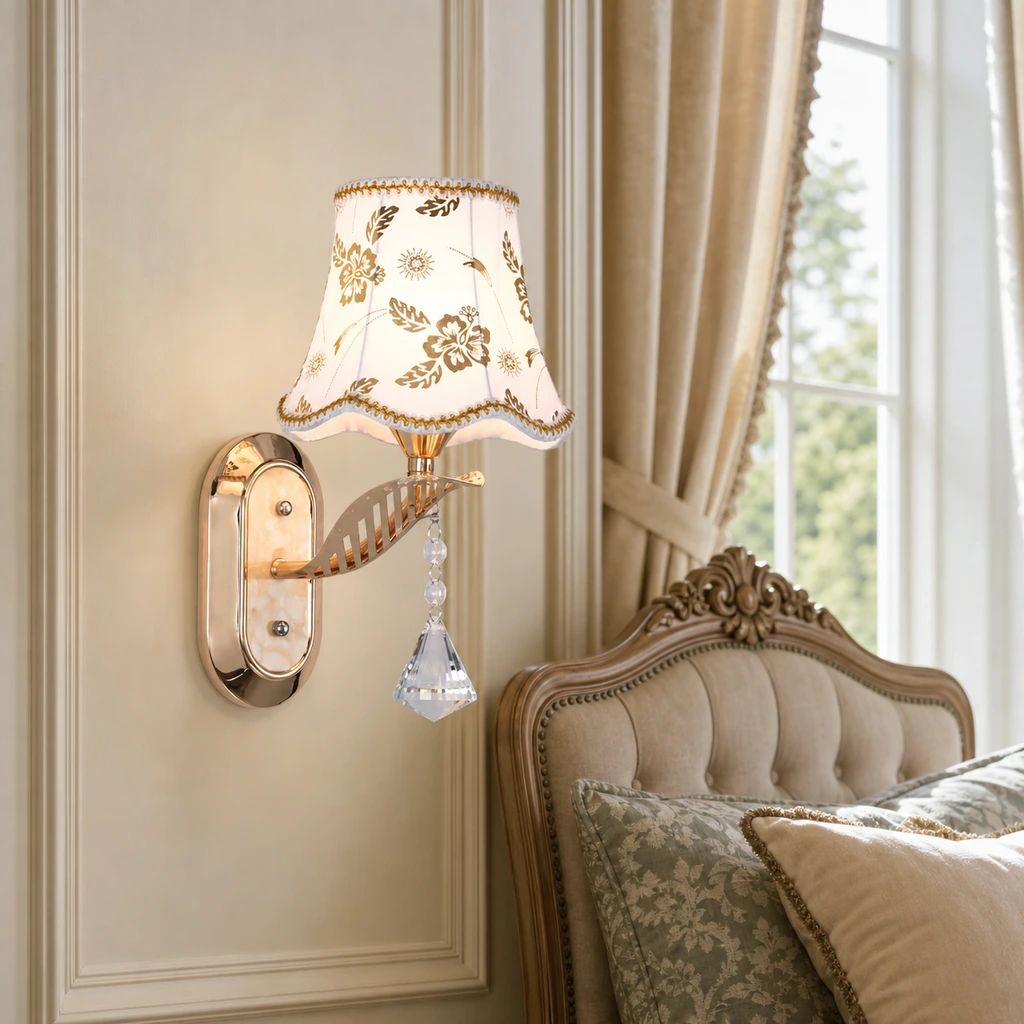 Traditional European floral single wall sconce in bedroom scene