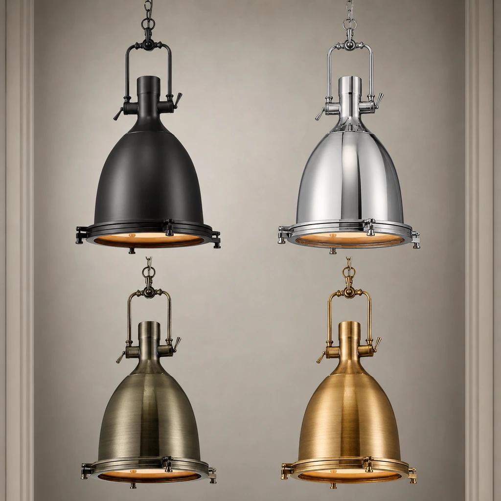 Porównanie czterech wykończeń wiszących lamp w stylu retro industrialnym
