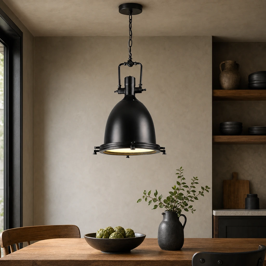 Czarna lampa wisząca w stylu retro industrialnym w małej jadalni