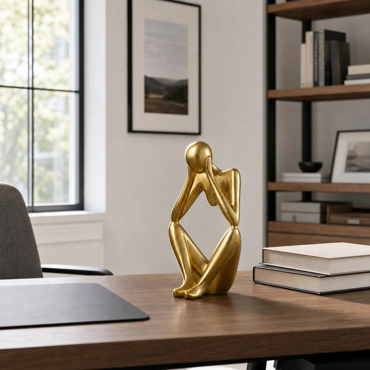 Gold abstract thinker sculpture styled in a refined interior