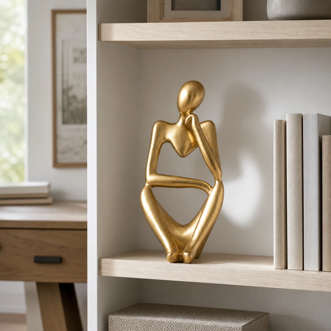 Gold abstract thinker sculpture styled in a refined interior