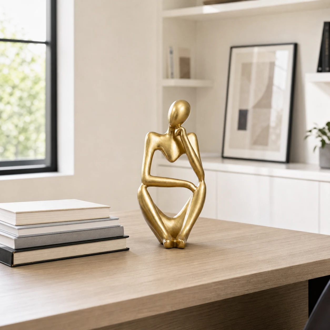 Gold abstract thinker sculpture styled in a refined interior
