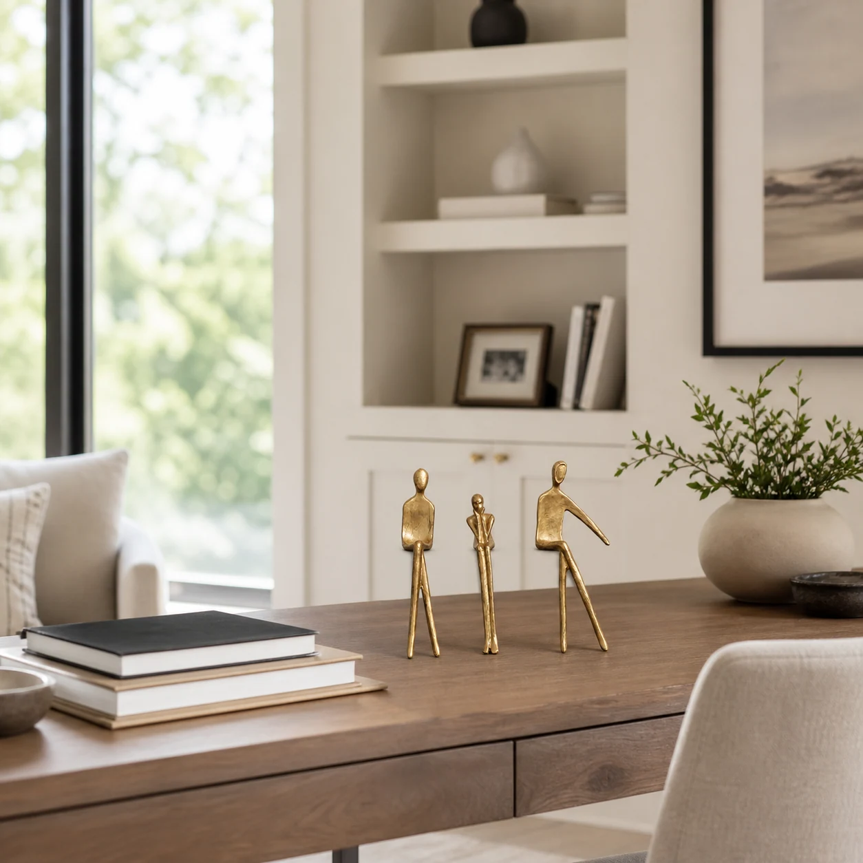 Geometric iron figure styled at realistic shelf scale