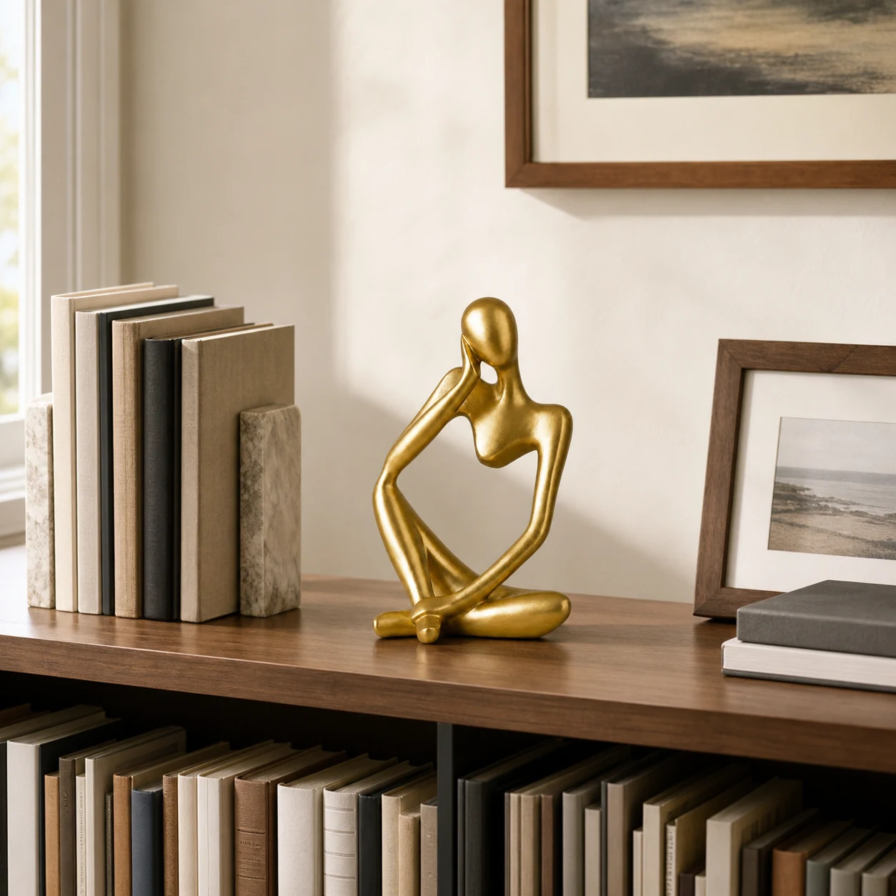 Gold abstract thinker sculpture styled in a refined interior