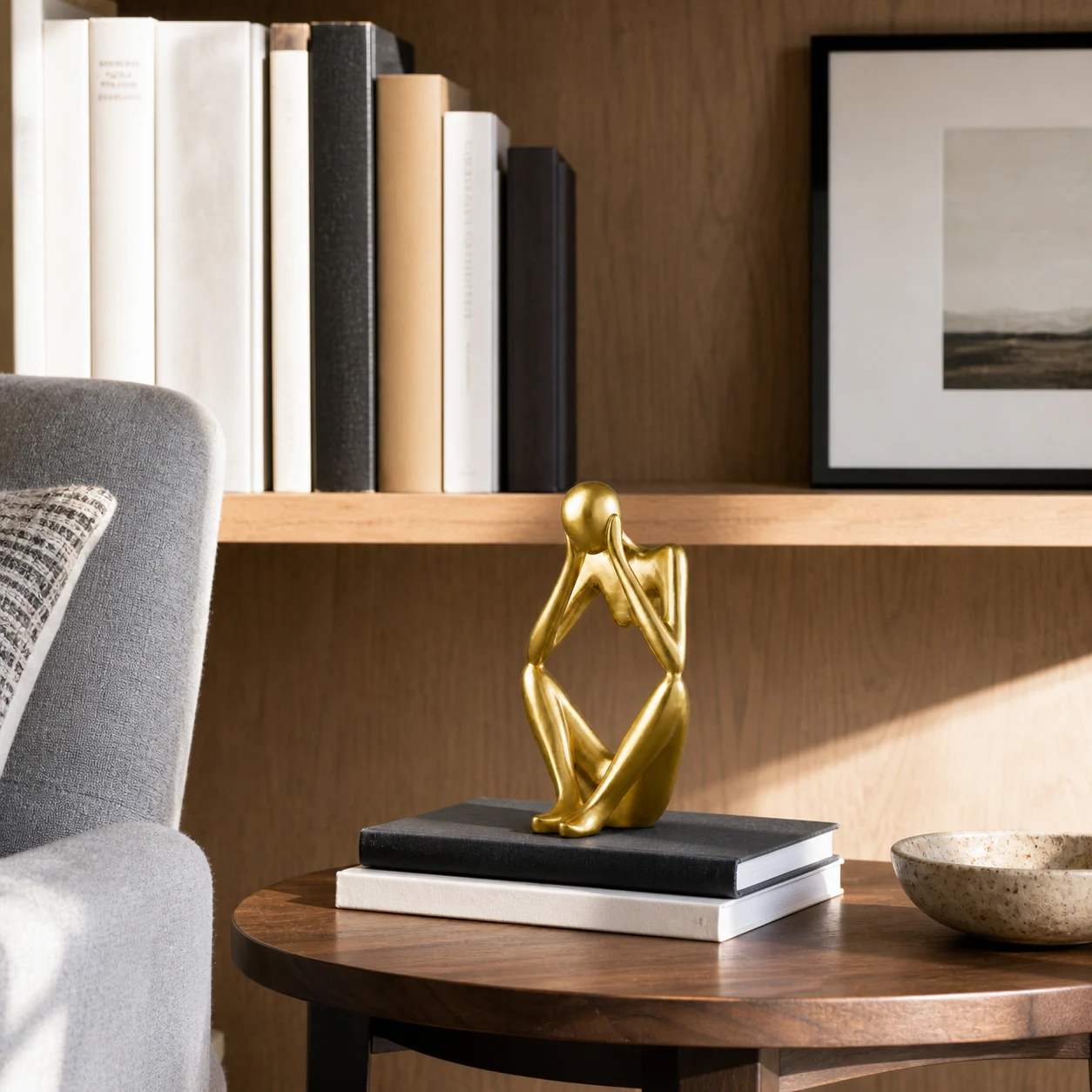 Gold thinker sculpture at realistic room scale