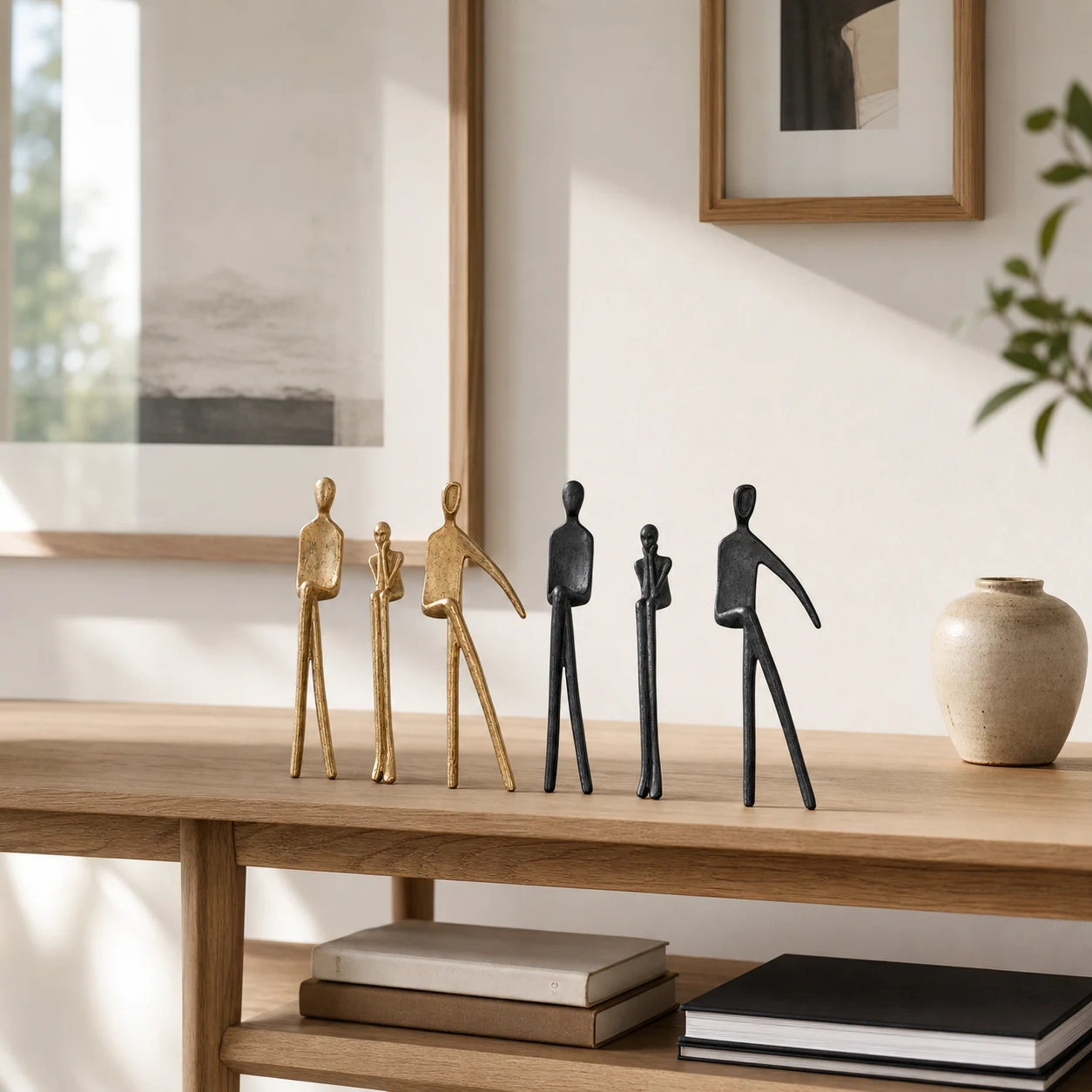Geometric iron figure styled at realistic shelf scale