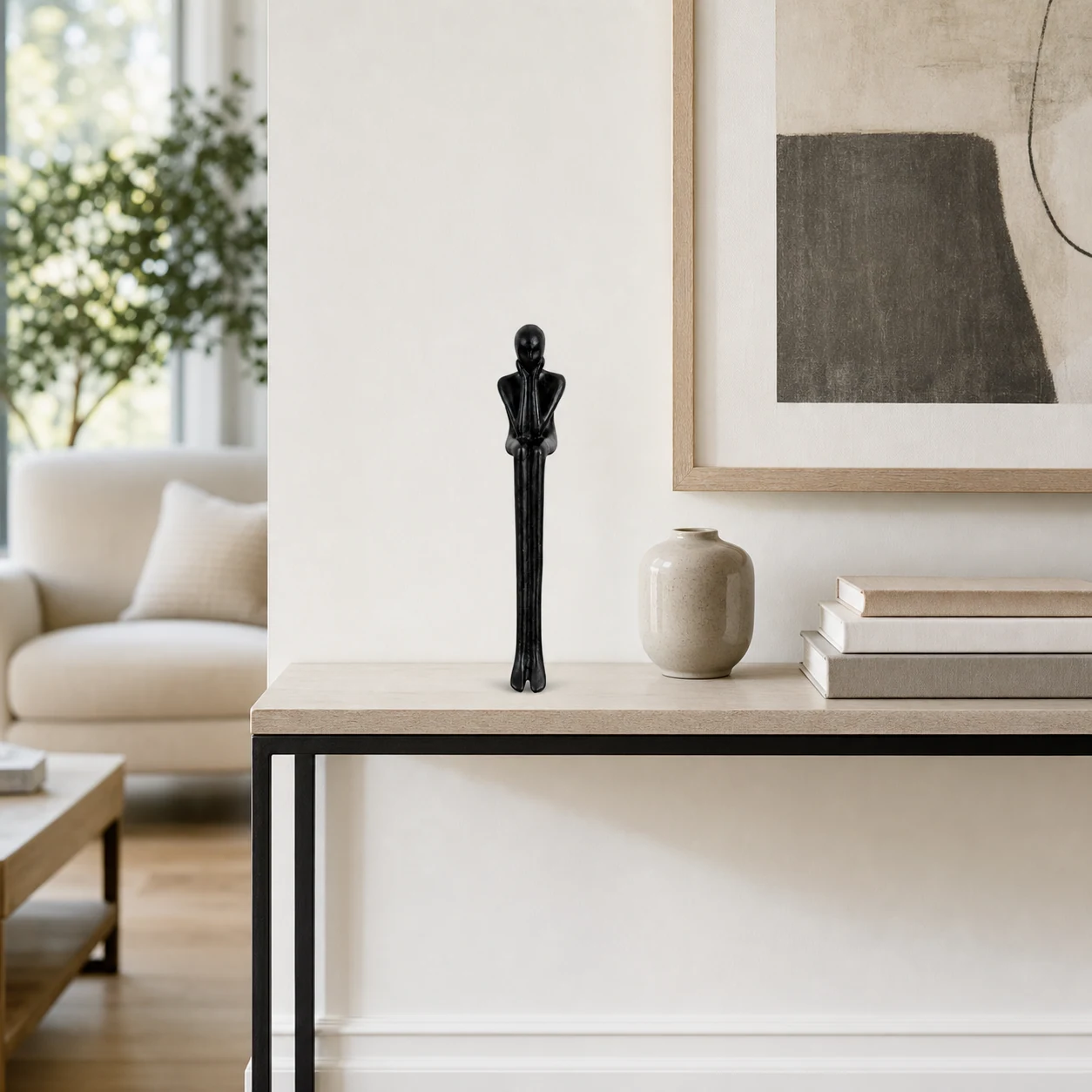 Geometric iron figure displayed in a bright interior