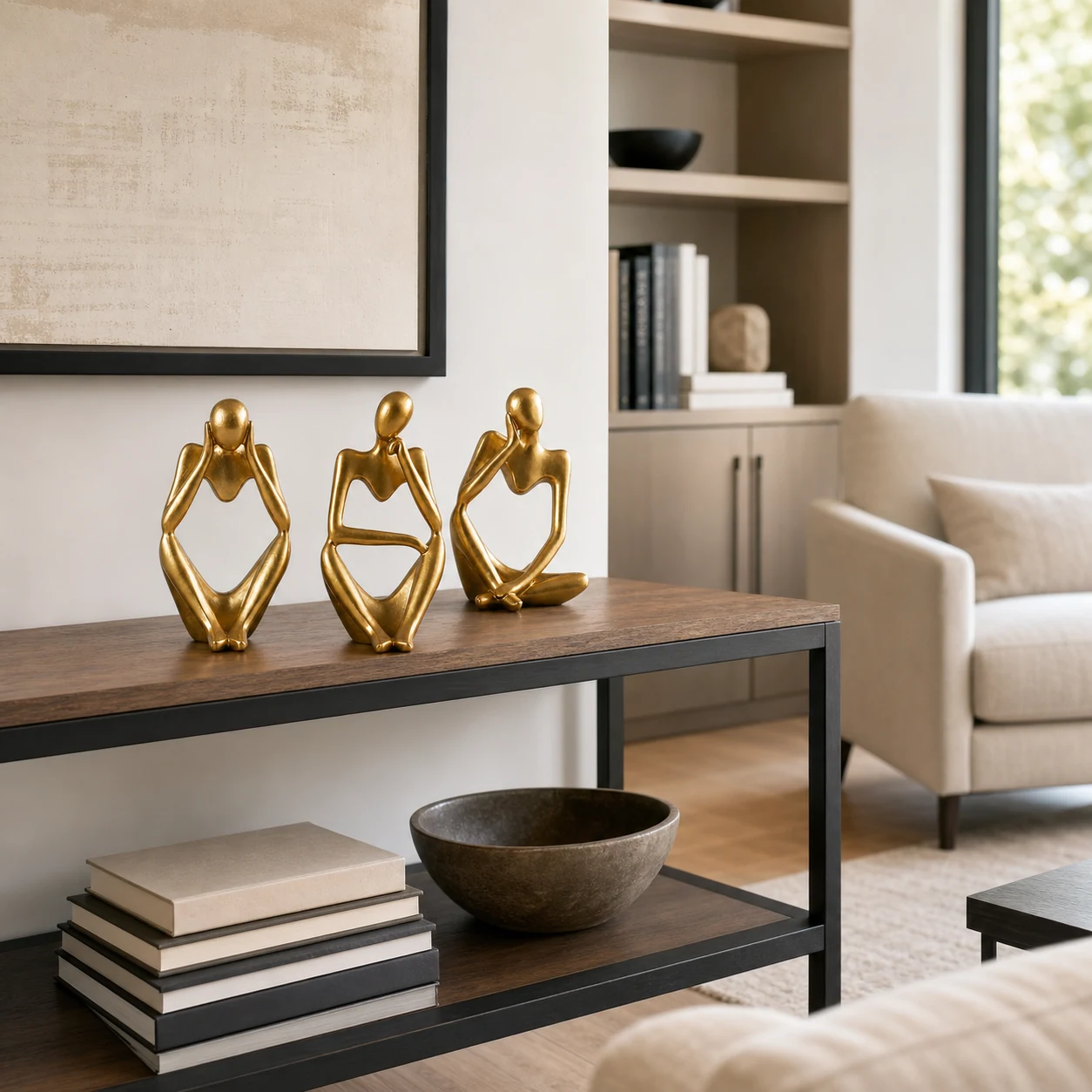 Gold abstract thinker sculpture styled in a refined interior