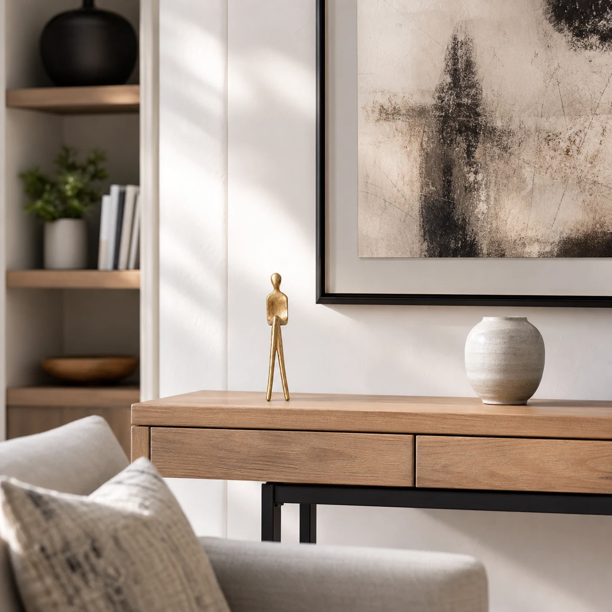 Geometric iron figure displayed in a bright interior
