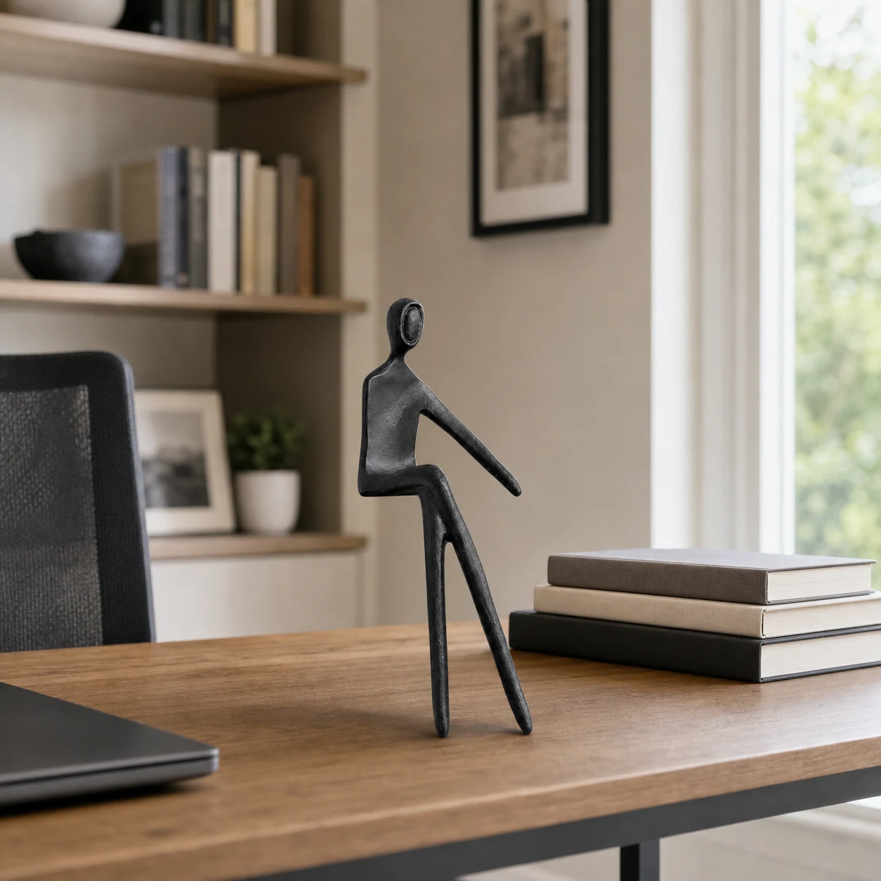 Geometric iron figure displayed in a bright interior