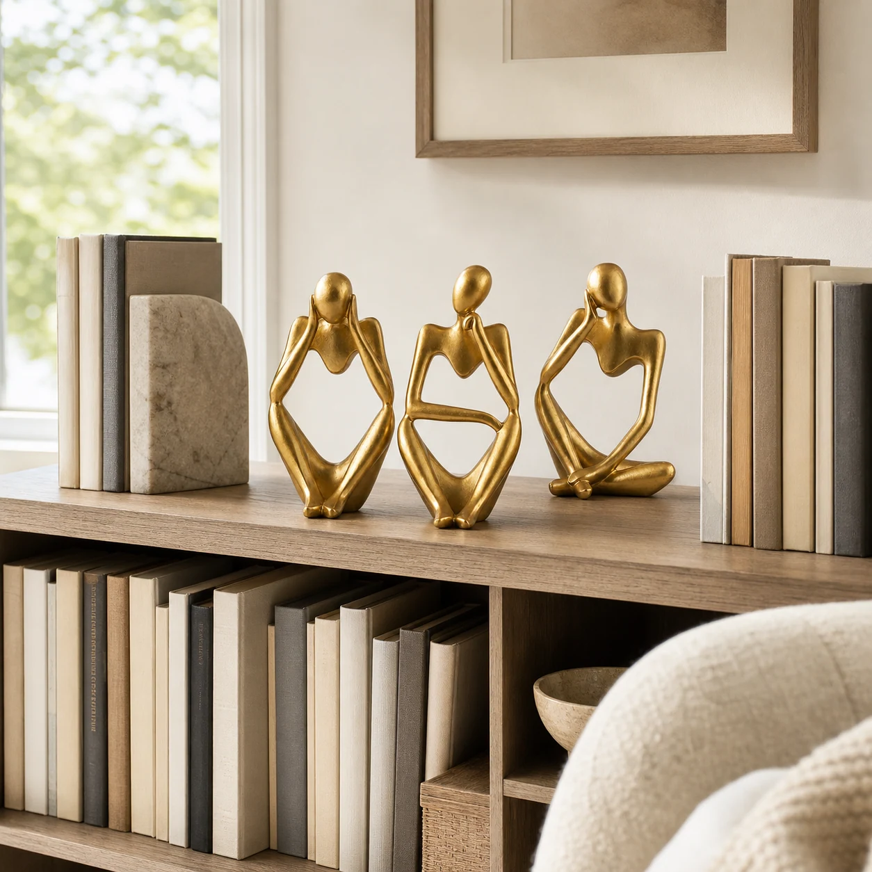 Three gold thinker sculptures beside books