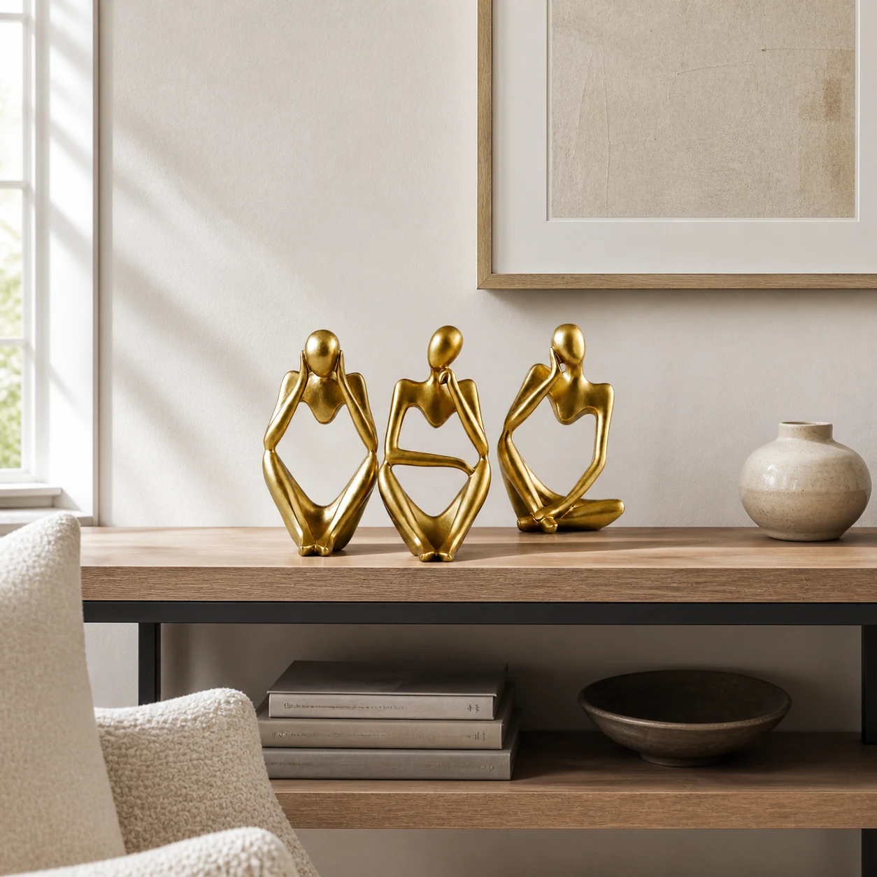 Gold thinker sculpture at realistic room scale