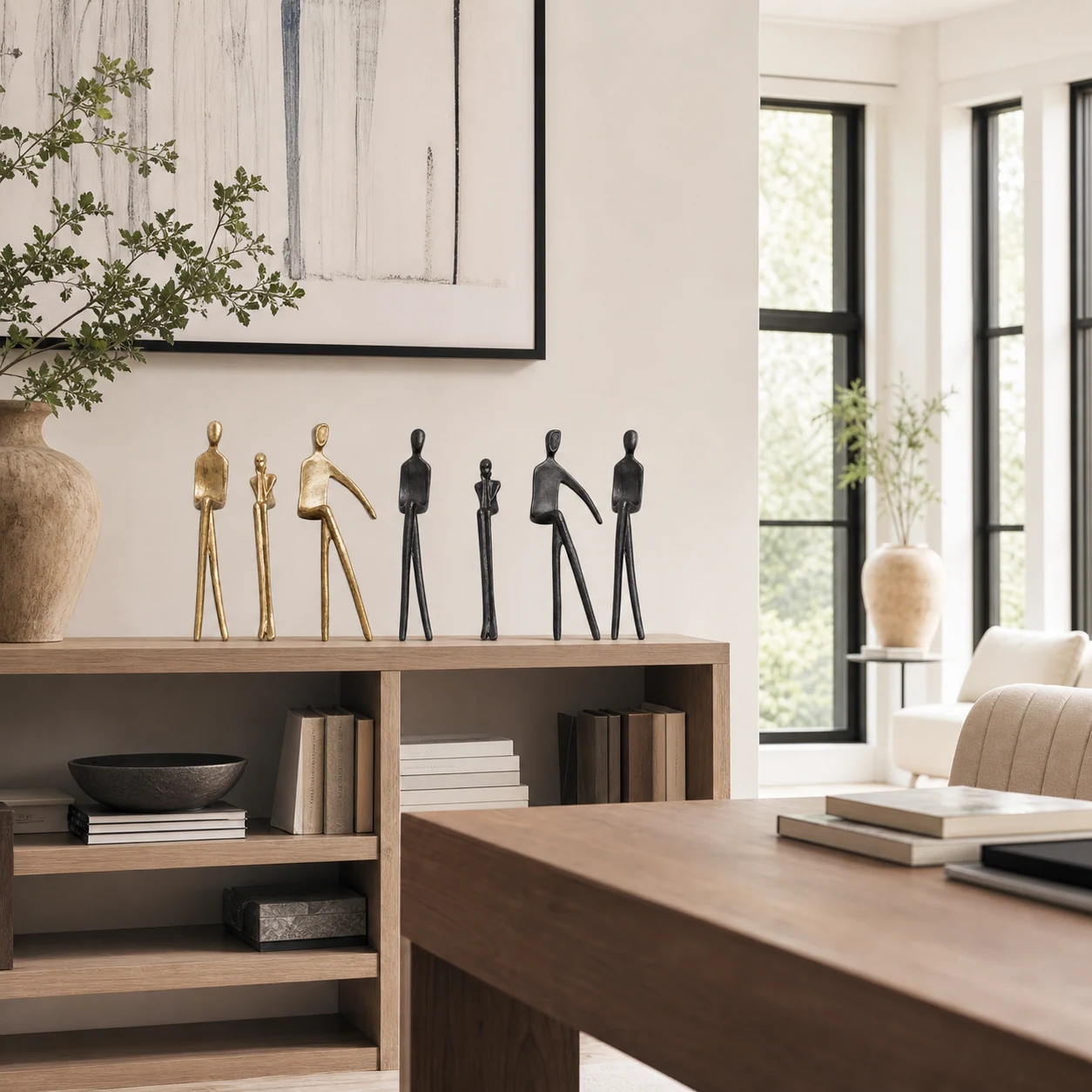 Geometric iron figure displayed in a bright interior