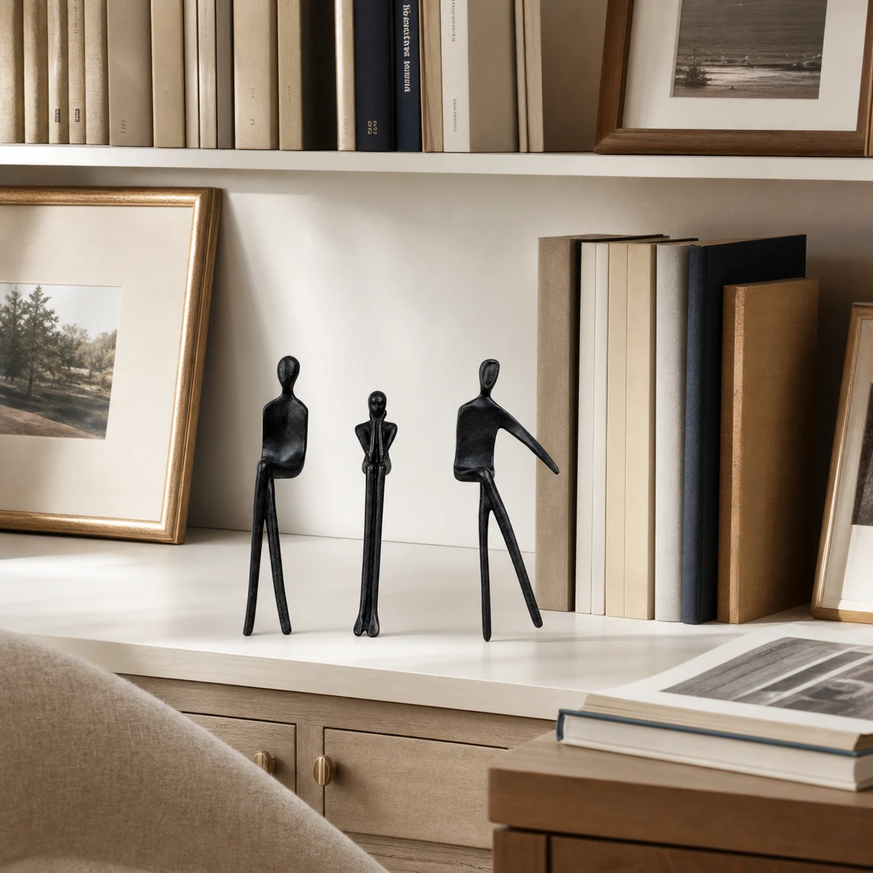 Geometric iron figure styled at realistic shelf scale