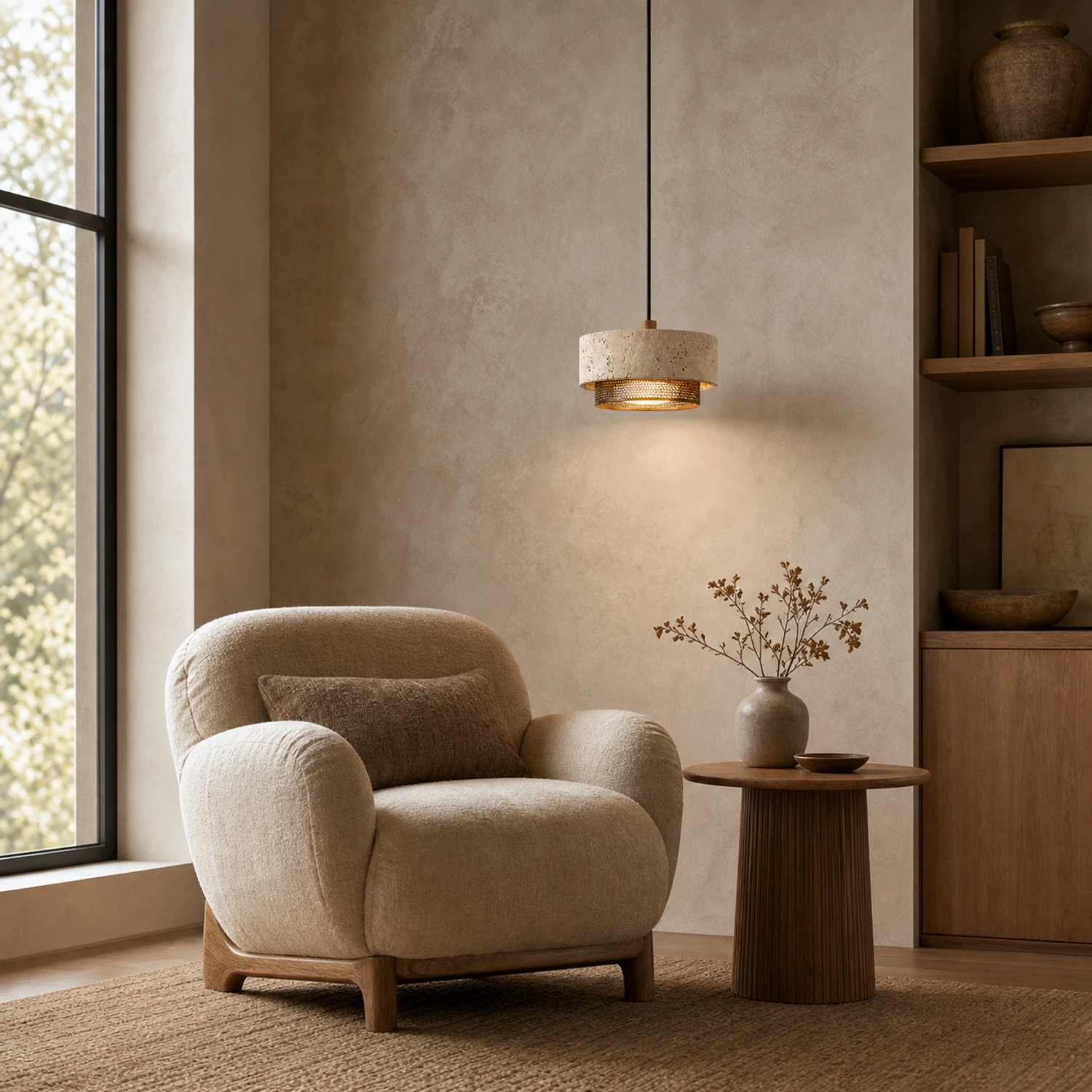 Elowen travertine pendant in a warm interior