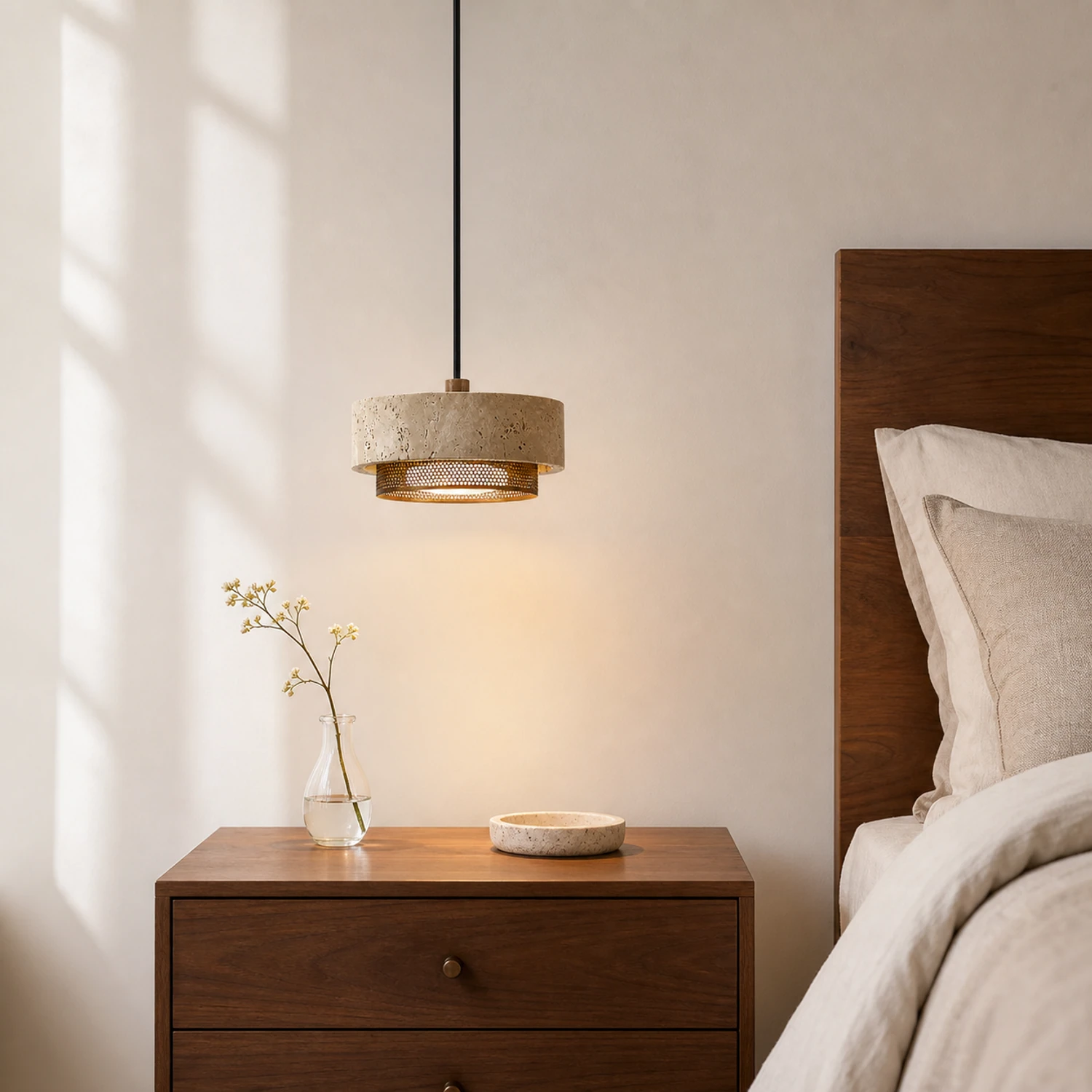 Elowen travertine pendant beside a bed in a bright warm interior