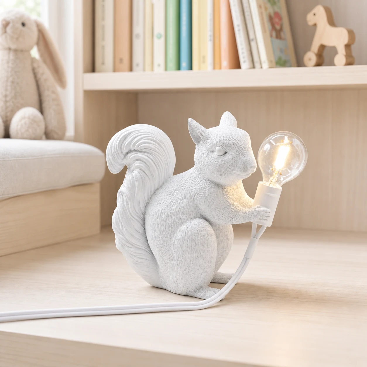 White squirrel table light on a kids bookshelf