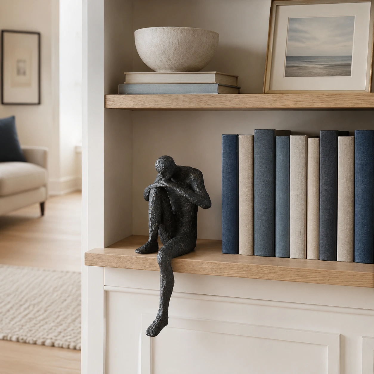 Sculpture displayed among books on a bright built-in shelf