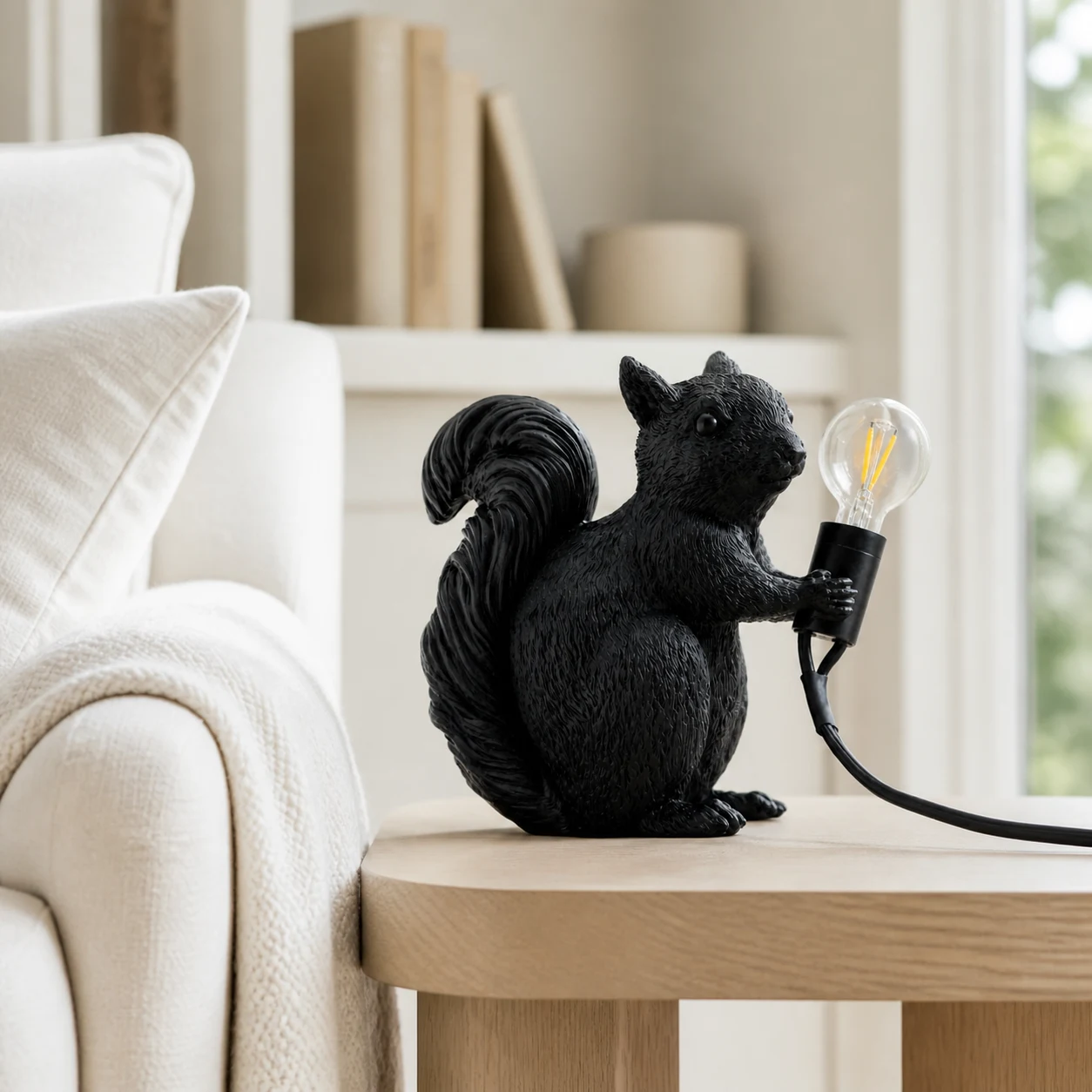 Black squirrel table light in a reading nook