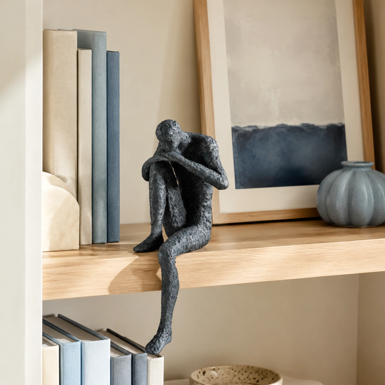 Cast iron thinking figure displayed on a bright built-in bookshelf