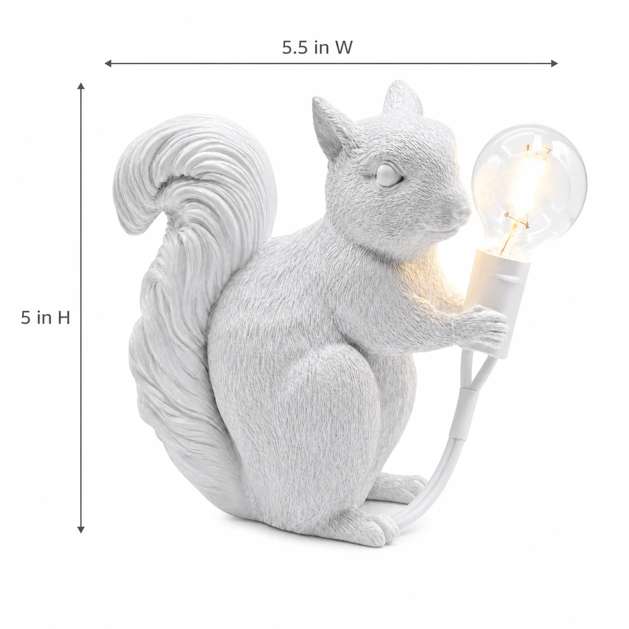 Squirrel table light dimensions: 5.5 inches wide and 5 inches high