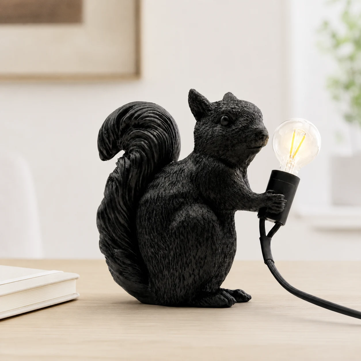 Close view of black squirrel table light