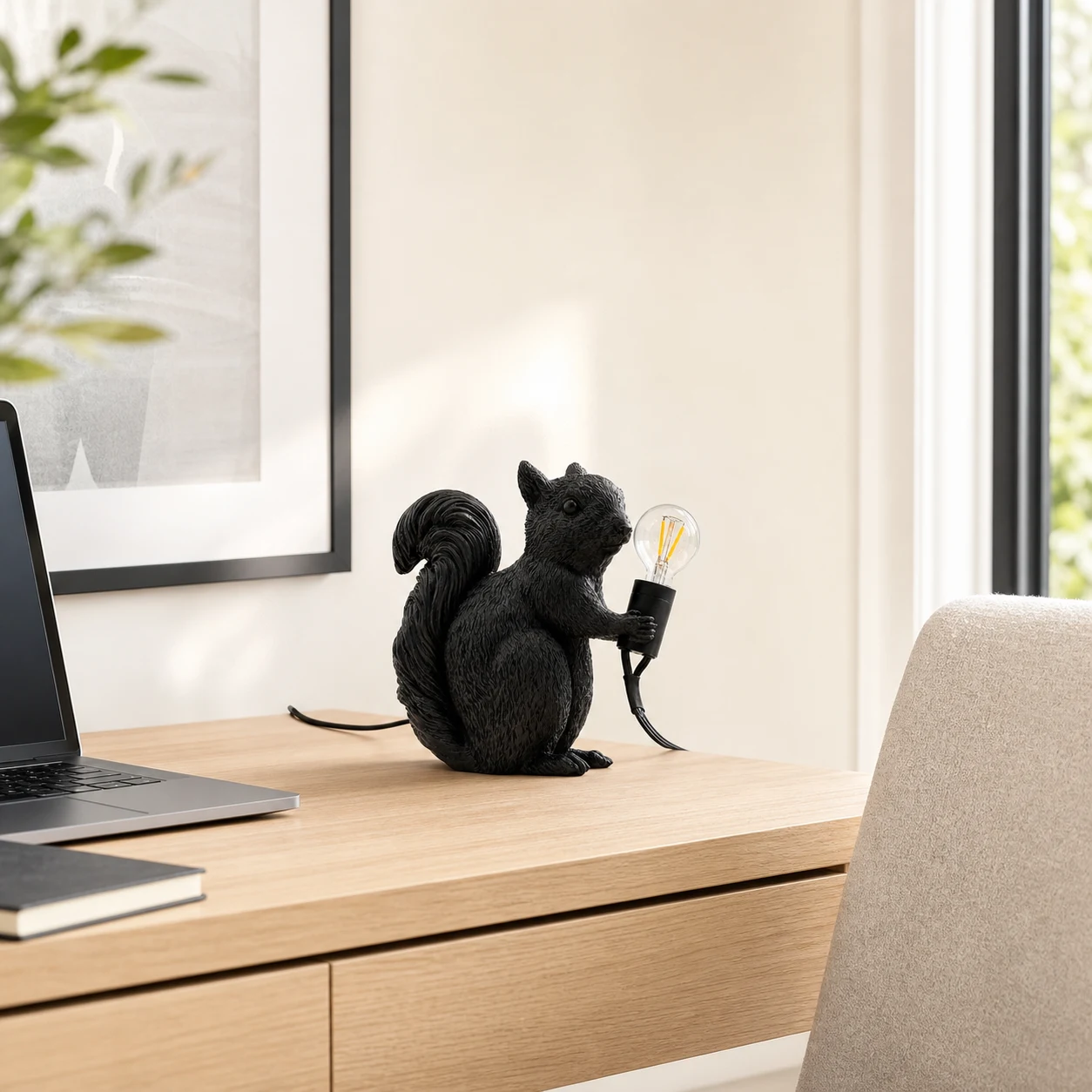 Black squirrel table light in a home office