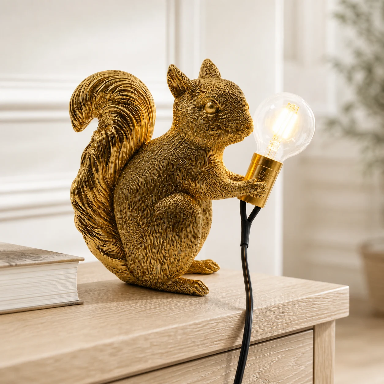 Gold squirrel table light on a bright modern American console
