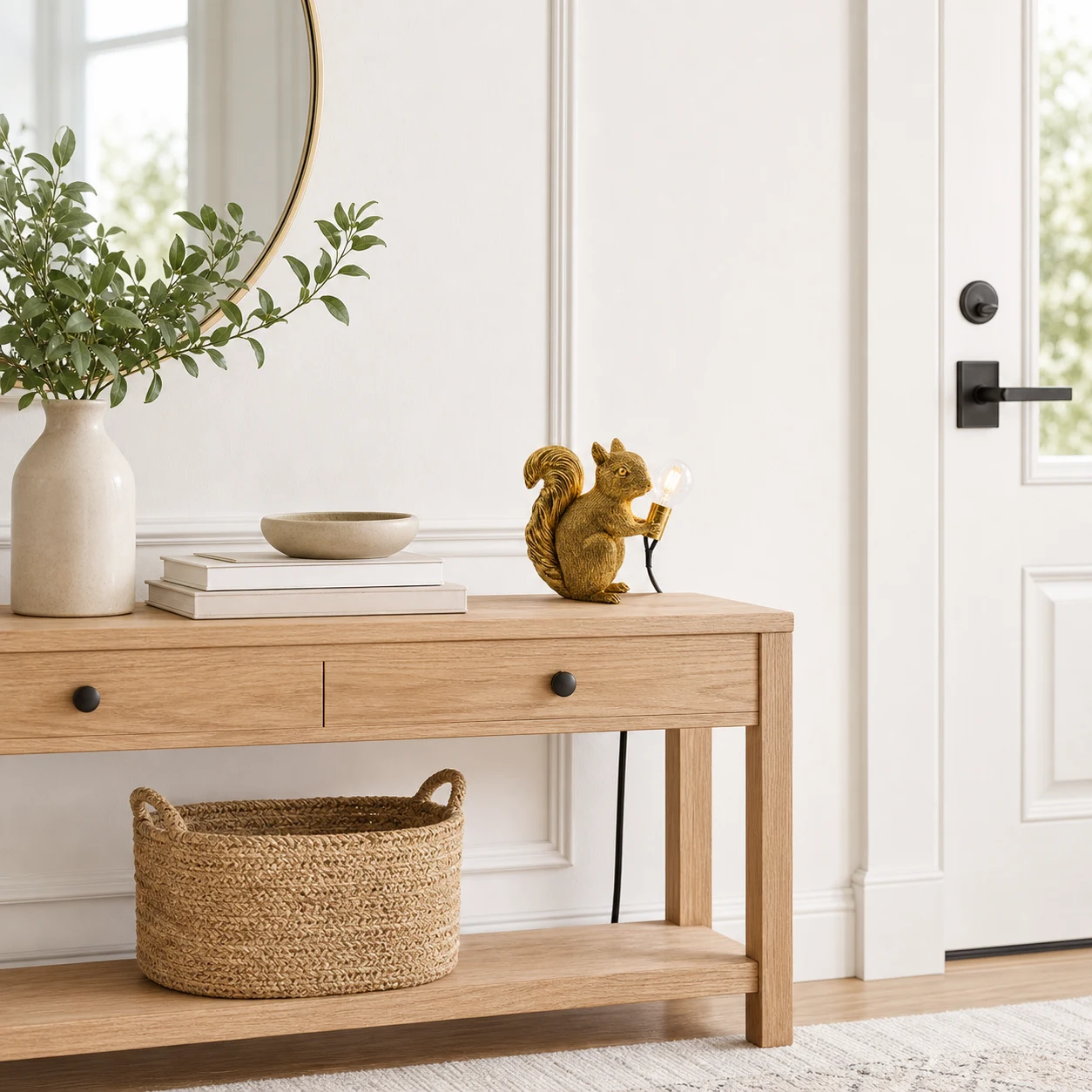 Gold squirrel table light in a bright entryway