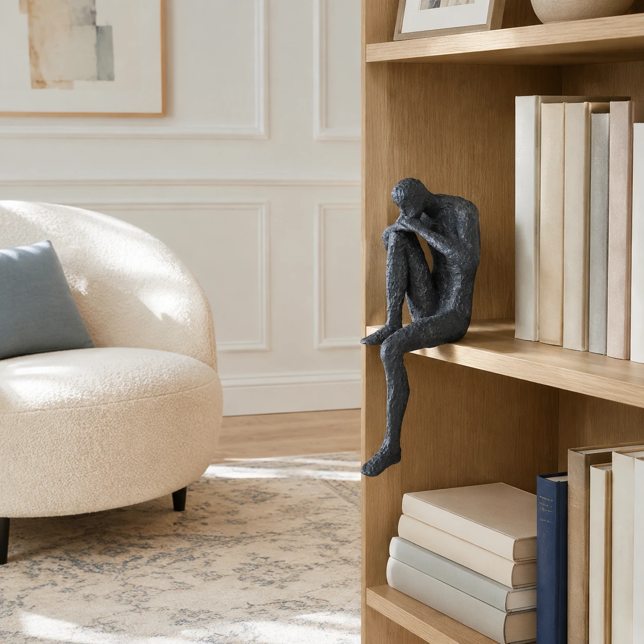 Sculpture displayed on a light wood bookcase in a bright reading room