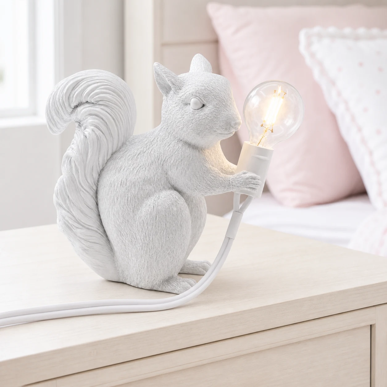 White squirrel table light on a pale wood bedside table