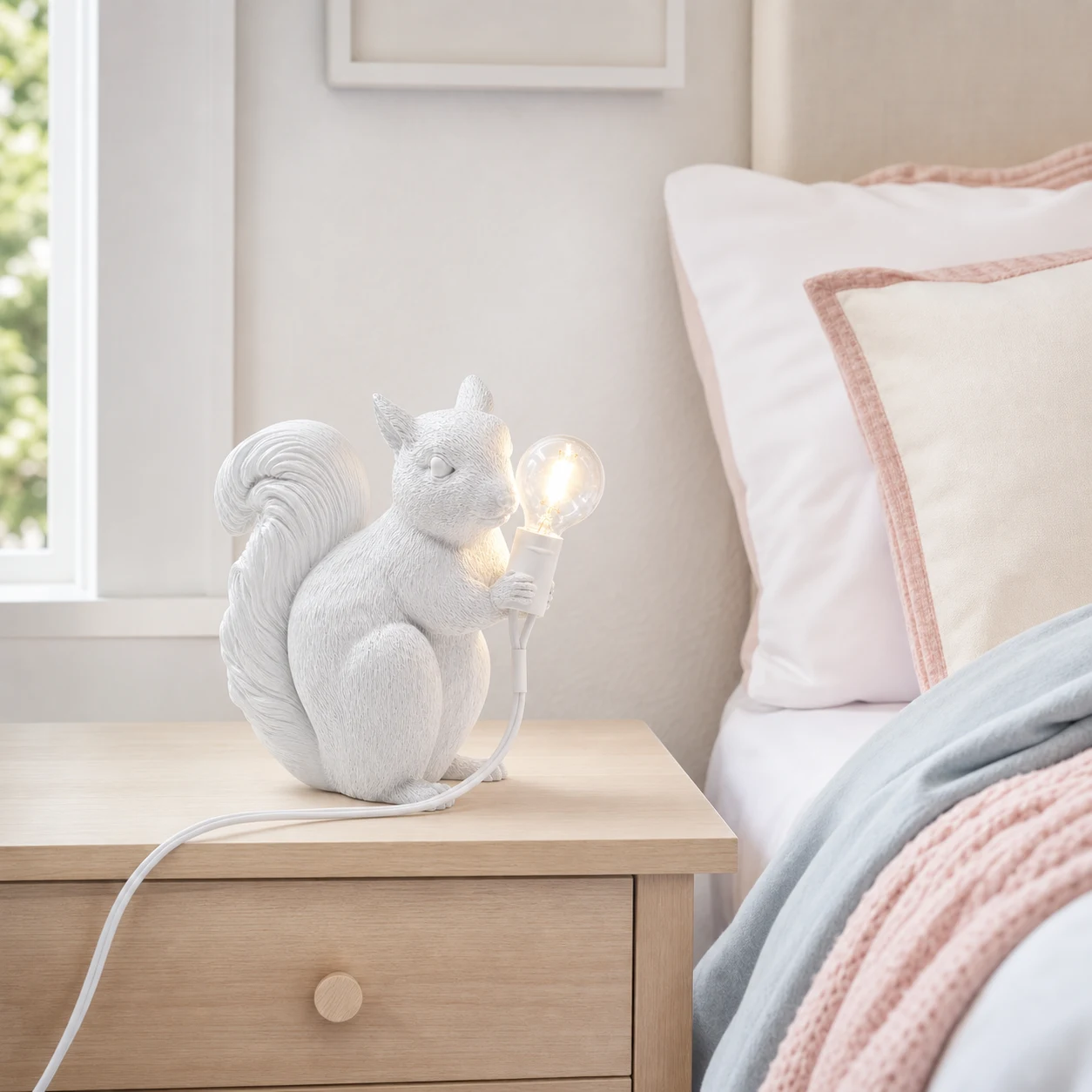 White squirrel table light in a kids bedroom
