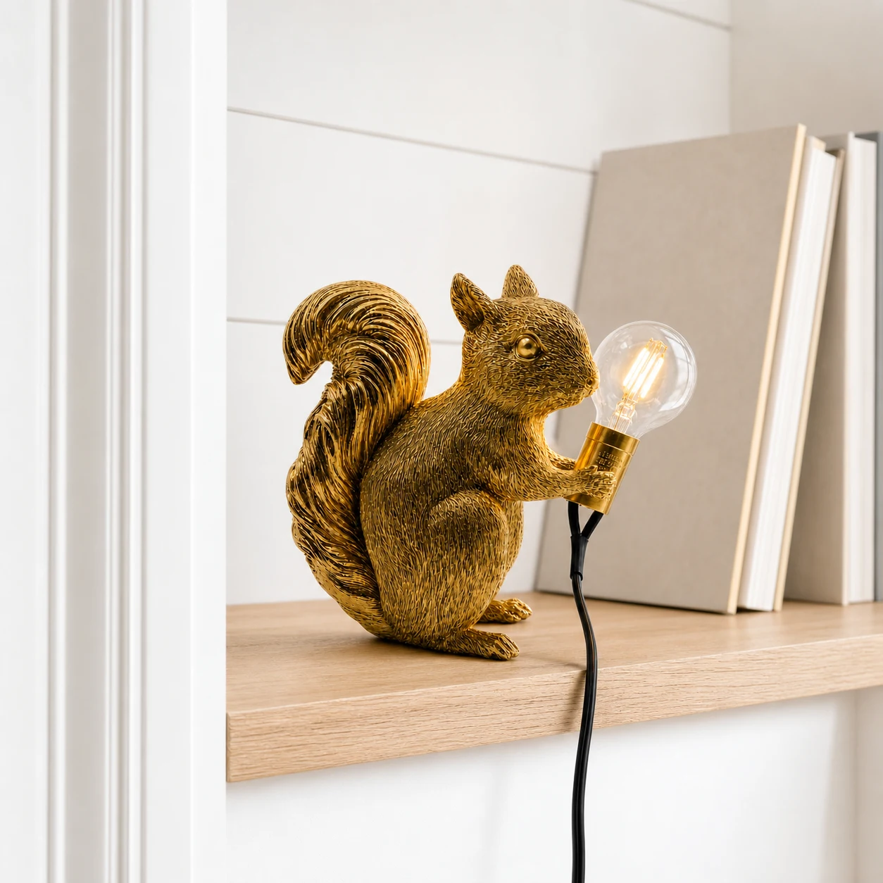 Gold squirrel table light on a bookshelf