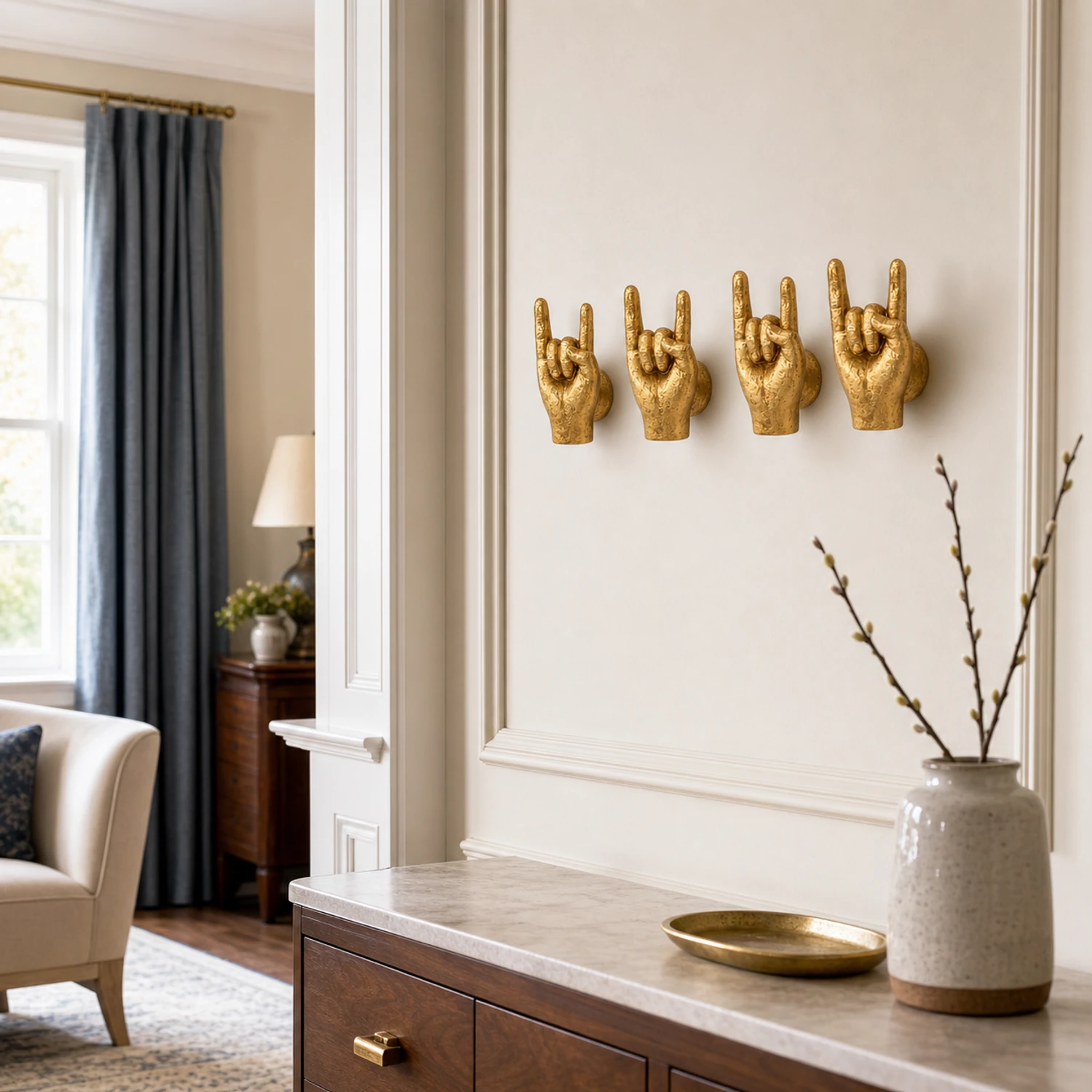 Four gold gesture wall hooks in a bright modern American entryway