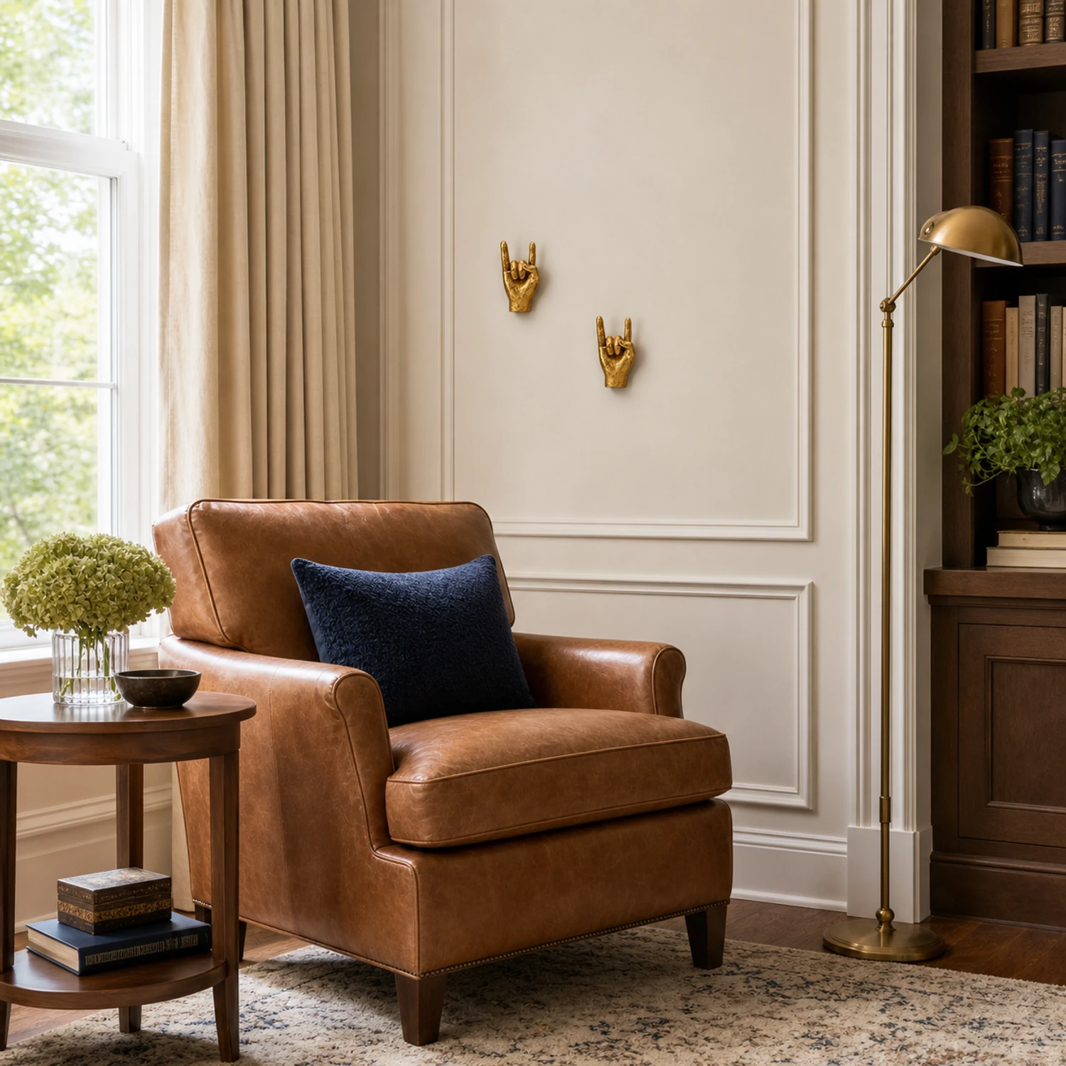 Two empty gold gesture sculptures in a modern American reading corner