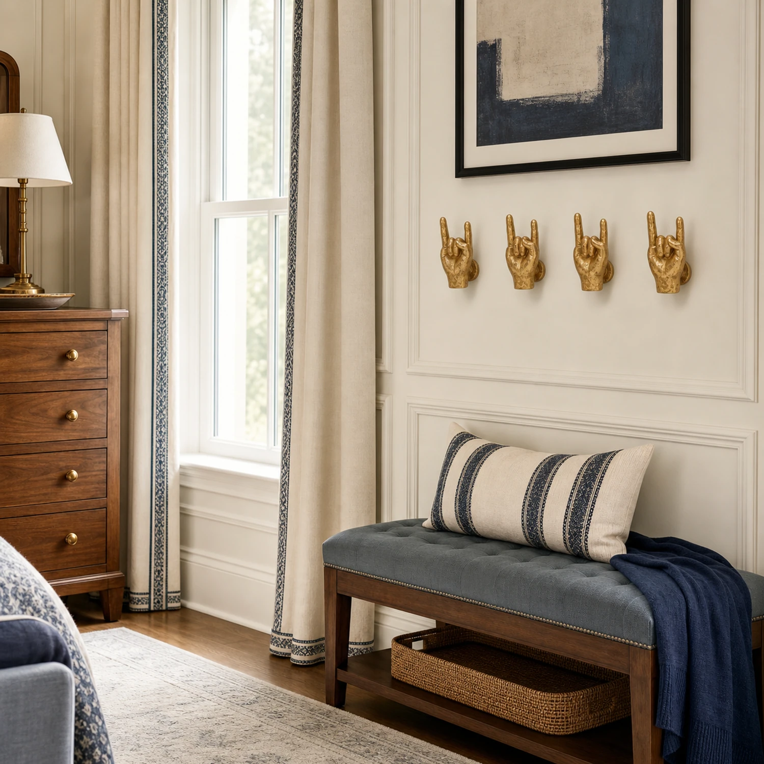 Four gold gesture wall sculptures in a tailored bedroom dressing corner