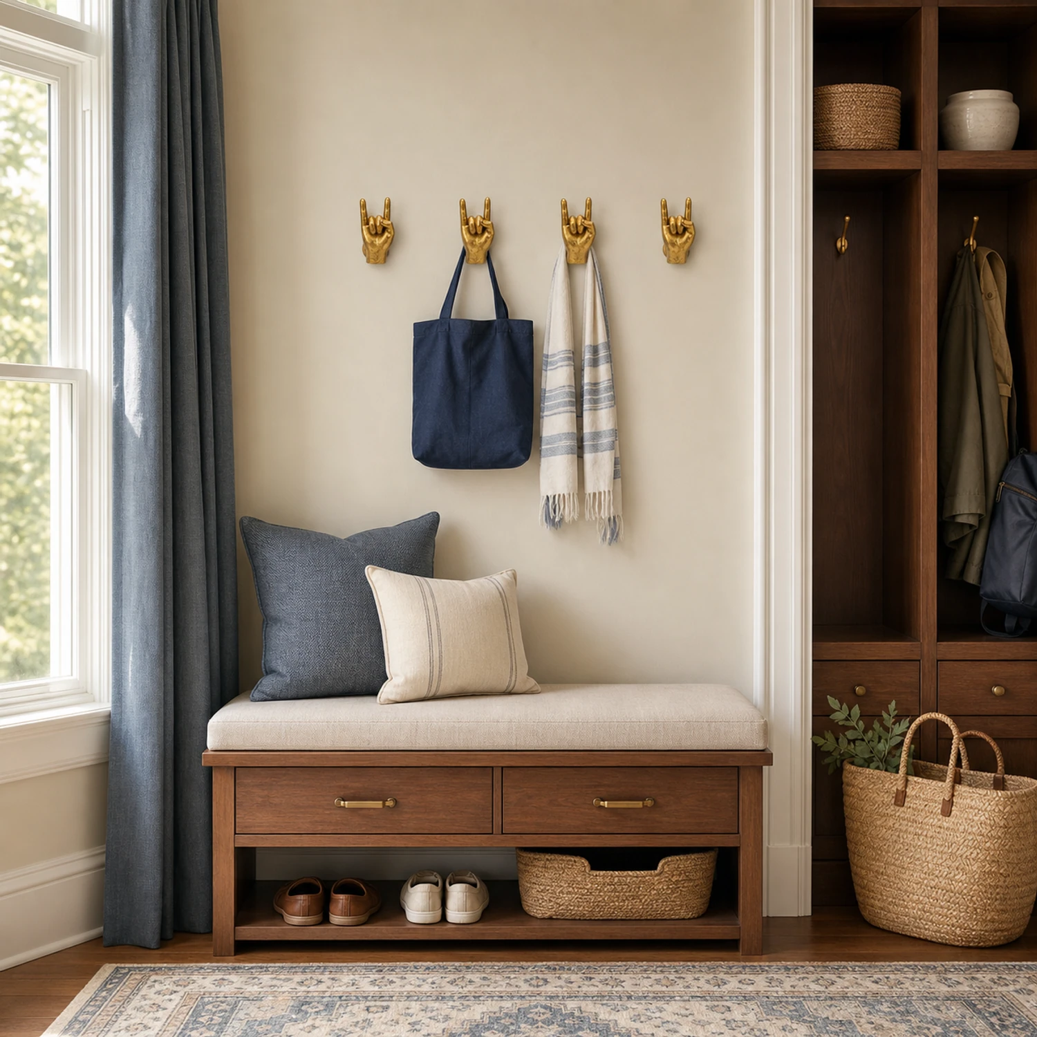 Four small gold gesture wall hooks organizing a tote and scarf in a modern American mudroom