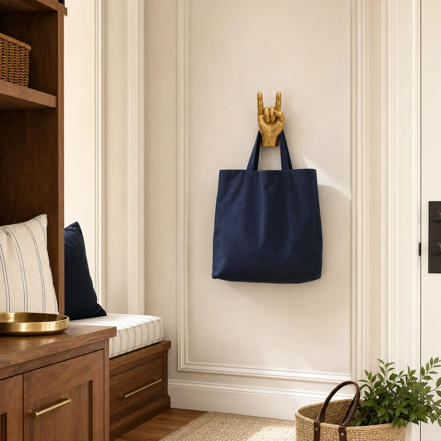 A small navy tote suspended from the concealed rear slot