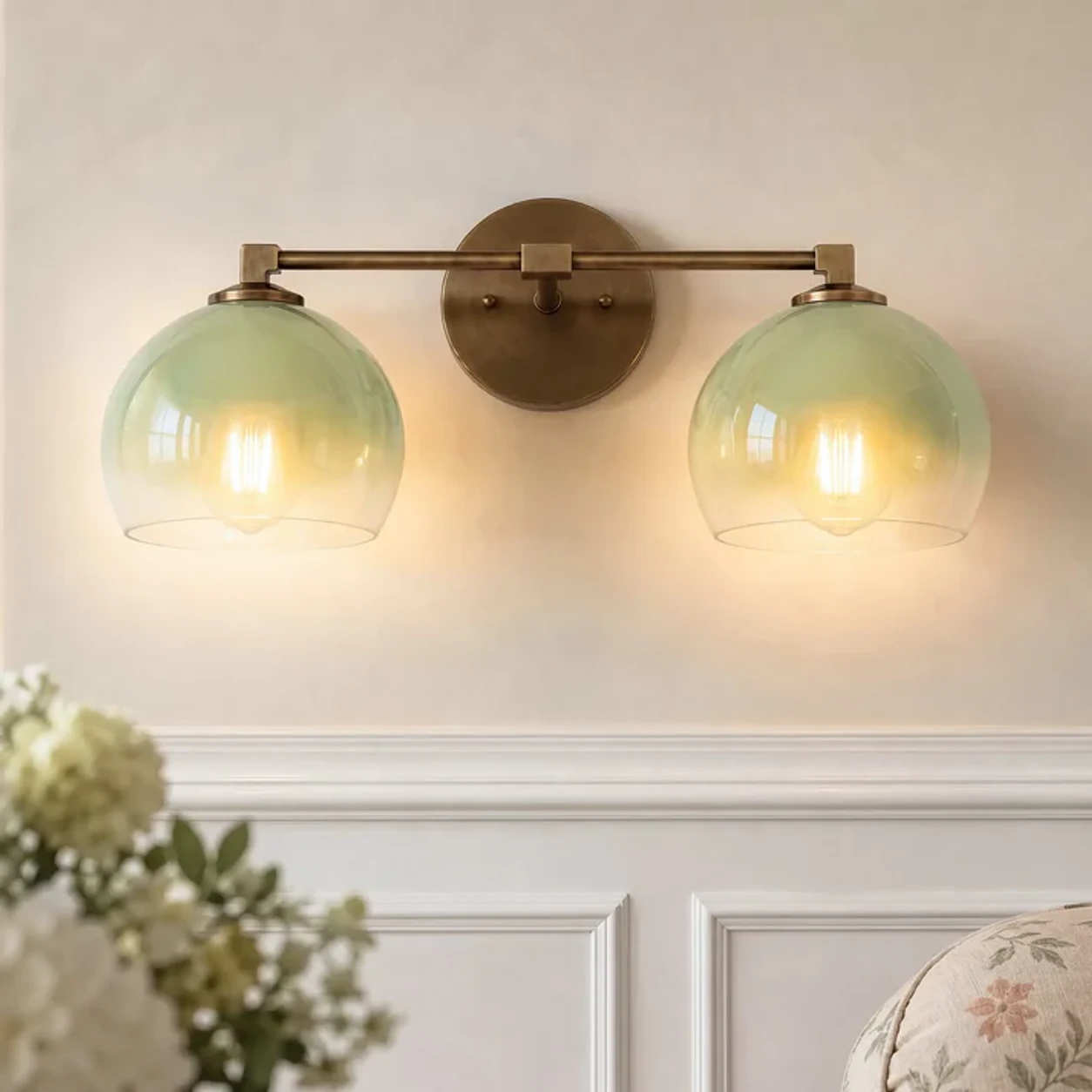 Brass Wind Chime Green 2-Head Adrian wall light